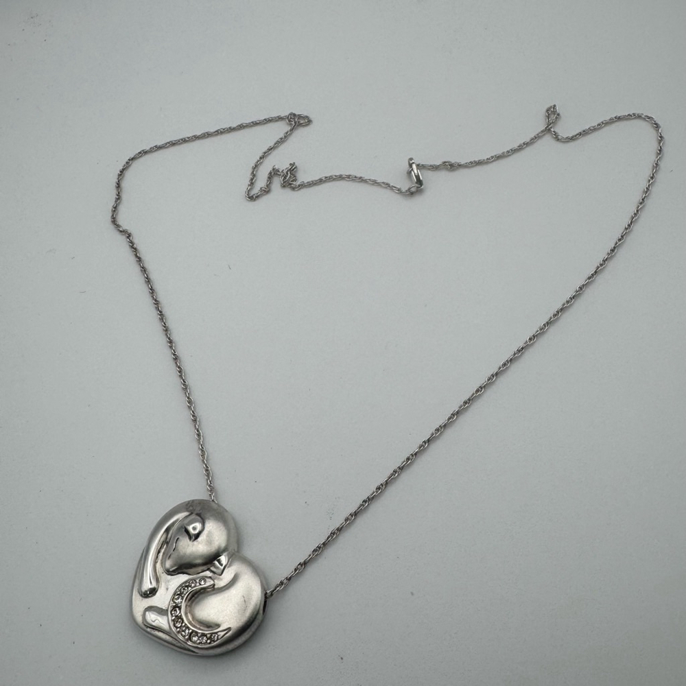 Signed Lenox Silver Cat Heart Pendant Necklace 19”